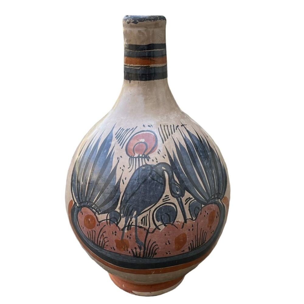 Vtg Tonala Pottery Vase Jug Classic Colors Floral Bird Snail 11” Mexico READ